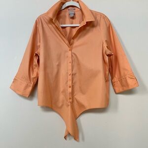Chico’s ~ Classic No-Iron Cotton Tie Front Blouse ~ Melon Size 8 / 10 - Chicos 1